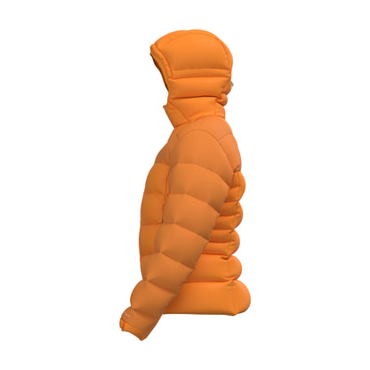 Orange down puffer hooded jacket side view, insulated sleeves and full-length zipper.