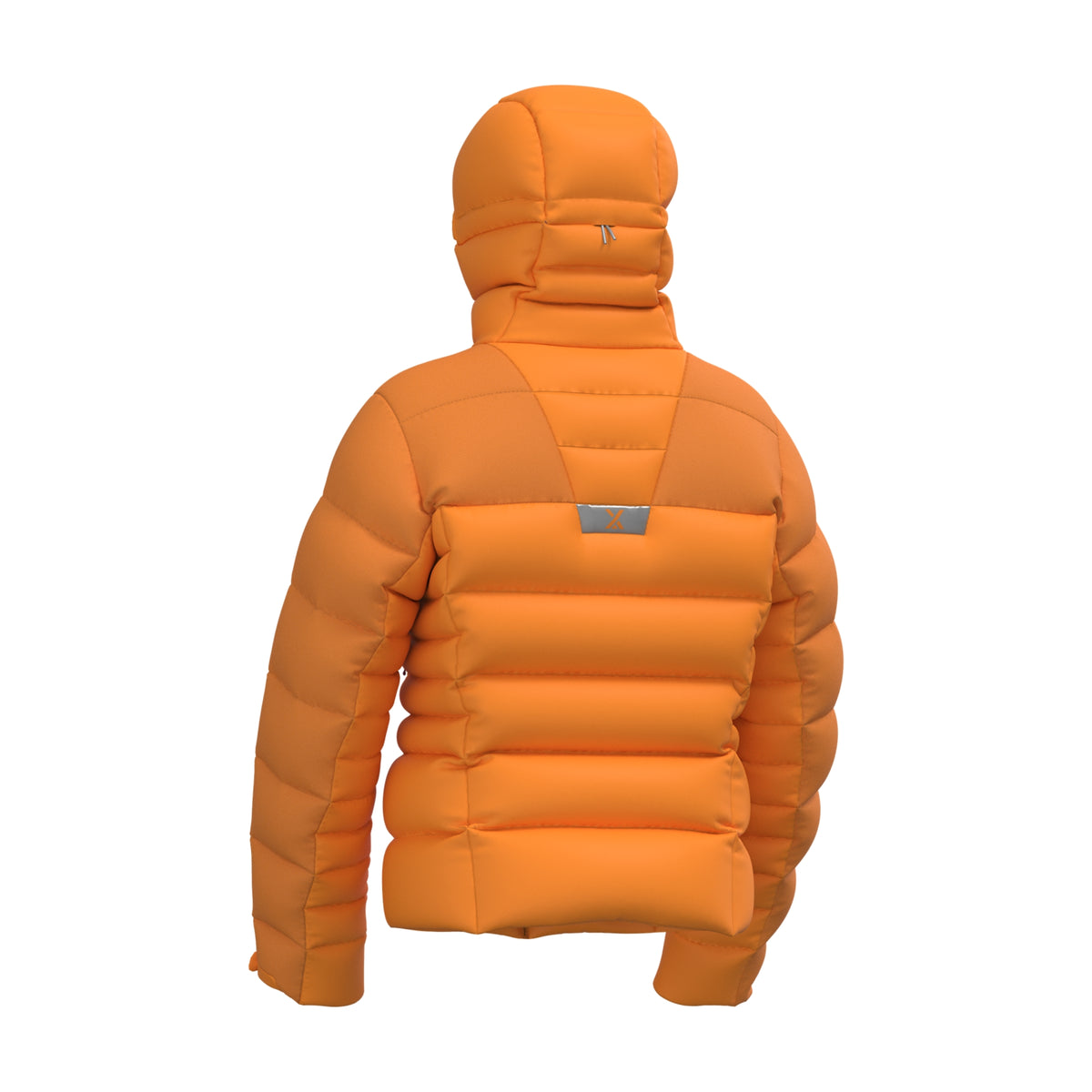 Orange down puffer hooded jacket back 3/4 view, quilted insulation and hood design.