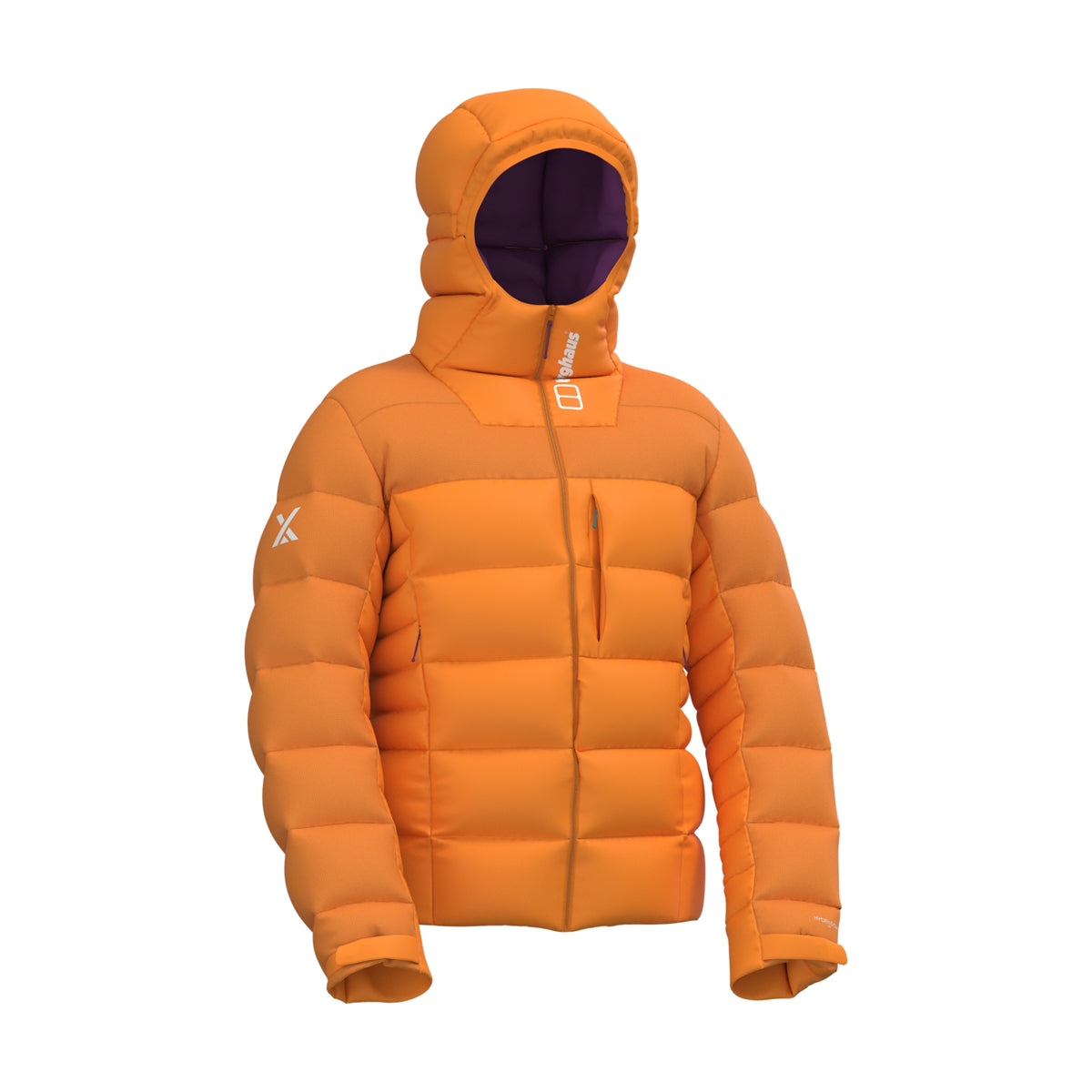 Orange down puffer hooded jacket with central zipper and chest logo detail, long sleeves.