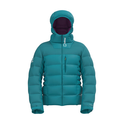 Men's teal down puffer hoody front view with hood lining and quilted body