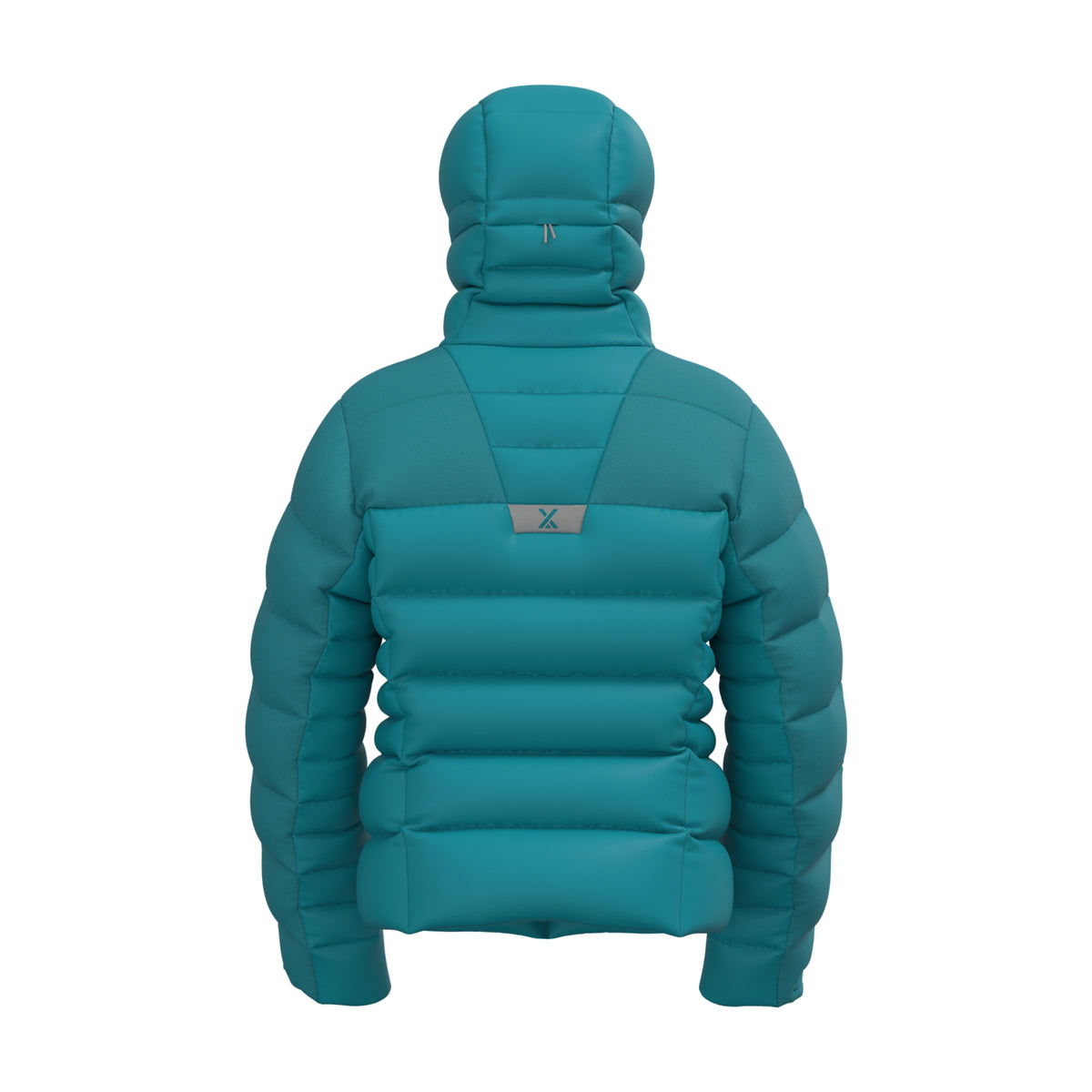 Men's teal down puffer hoody back view with quilted design and hood