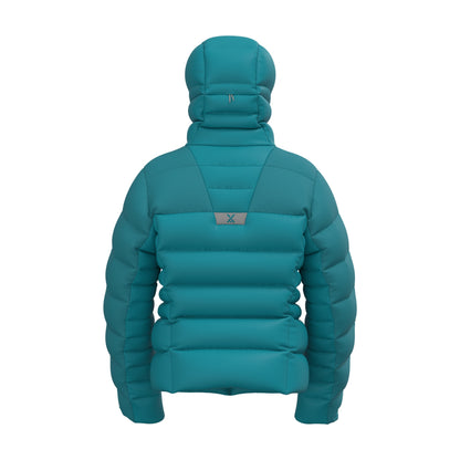 Men's teal down puffer hoody back view with quilted design and hood