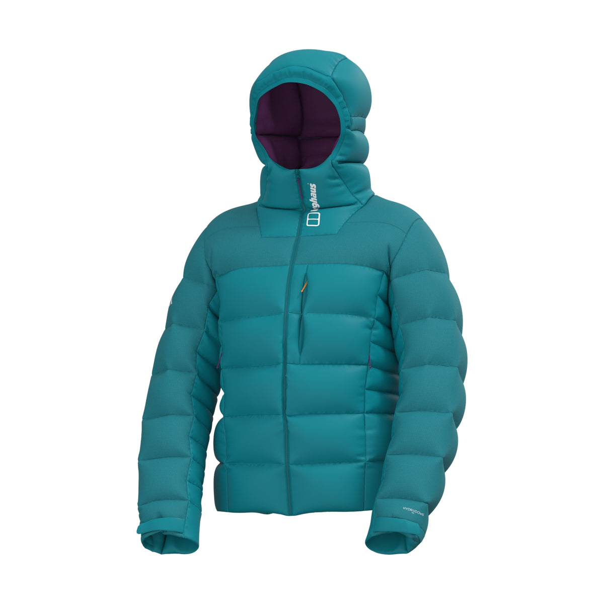 Men's teal down puffer hoody with full front zipper and hood