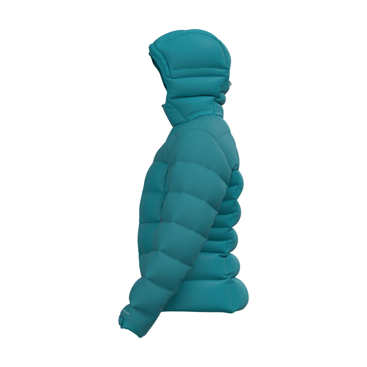 Men's teal down puffer hoody shown from side, hood and zipper closure