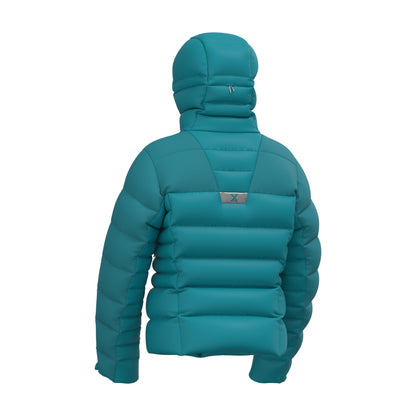 Men's teal down puffer hoody back view with hood and quilted paneling