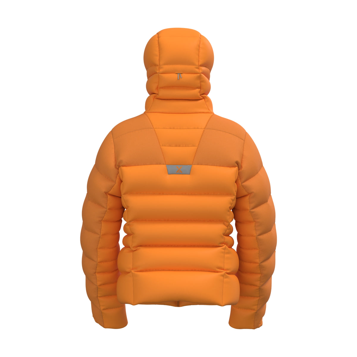 Orange down puffer hooded jacket, back view with full zip and padded quilted panels.