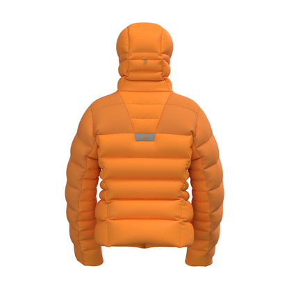 Orange down puffer hooded jacket, back view with full zip and padded quilted panels.
