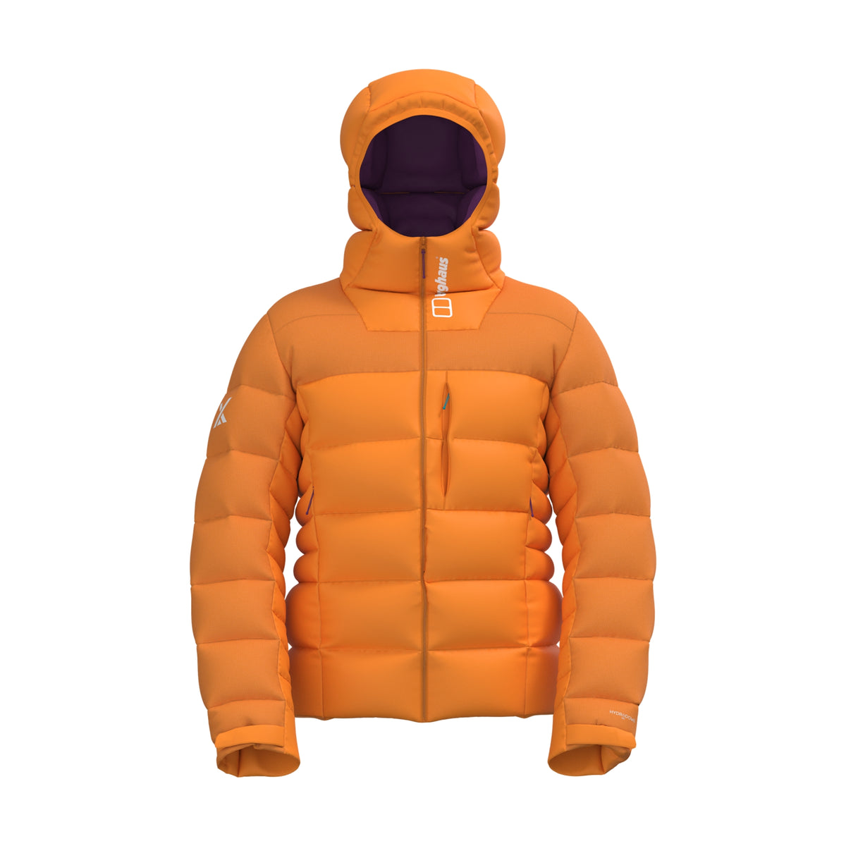 Orange down puffer hooded jacket with full zip and drawstring hood, long sleeves.