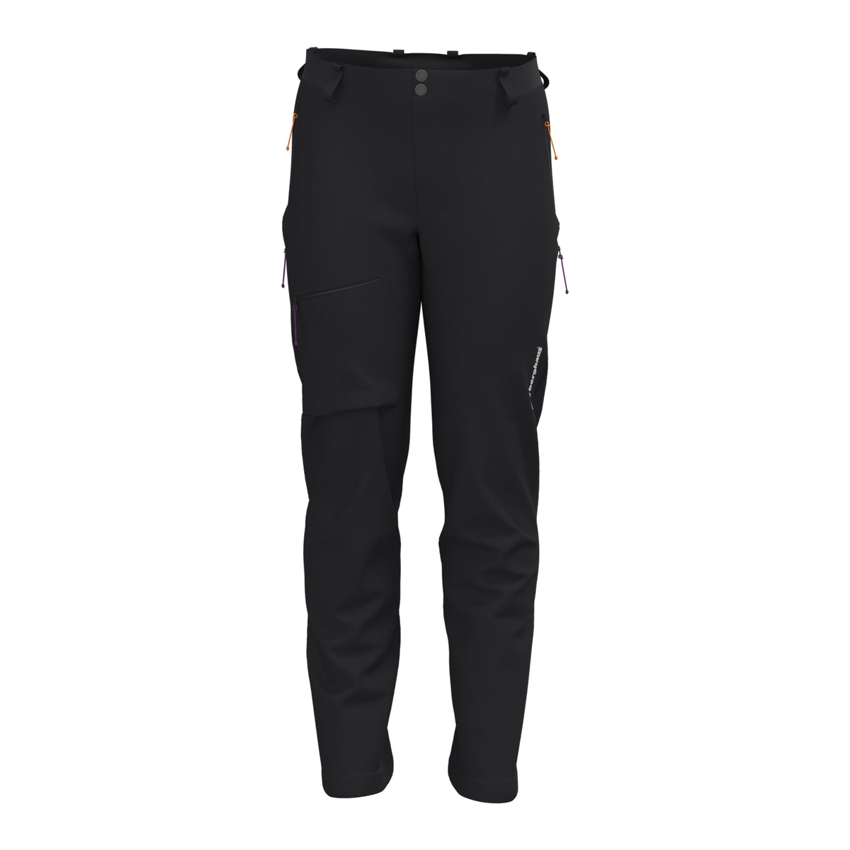 Men's black alpine hiking pants front view with zip pockets and small tech strap pulls