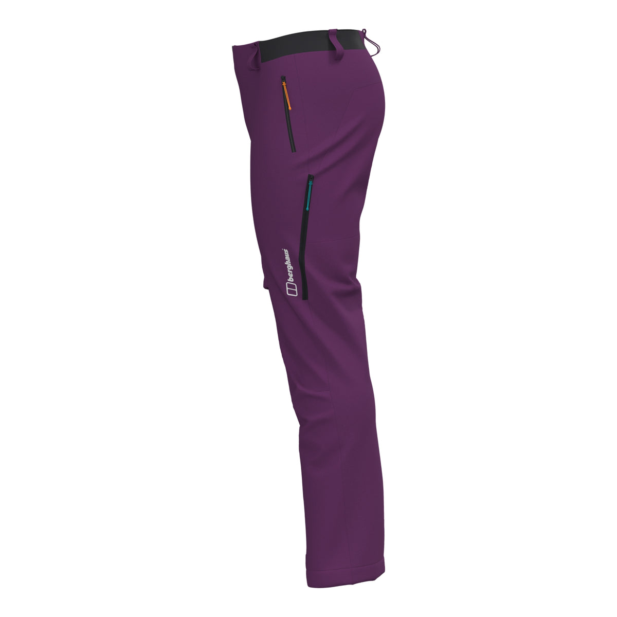Men's purple alpine hiking pants side view with zip pocket accents and logo print