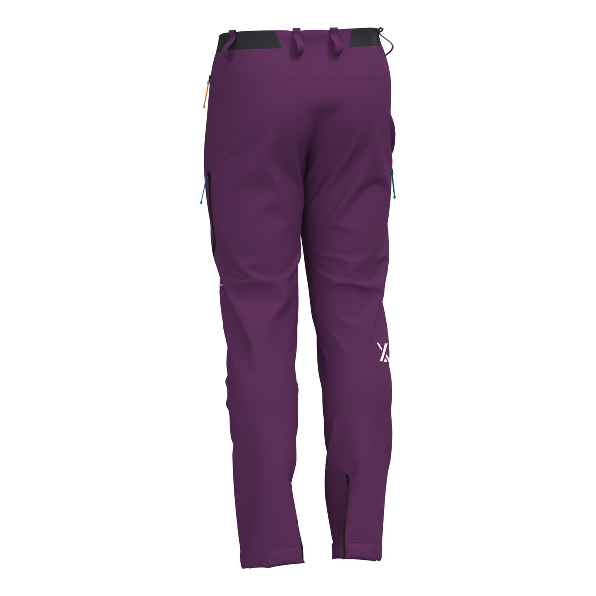 Men's purple alpine hiking pants back view with zip leg pocket and cuff detail