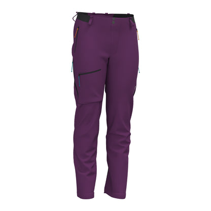 Men's purple alpine hiking pants front view with zip pockets and bungee tie accents