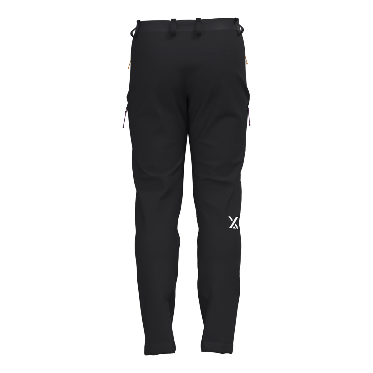 Men's black alpine hiking pants back view with zip pockets and logo at thigh
