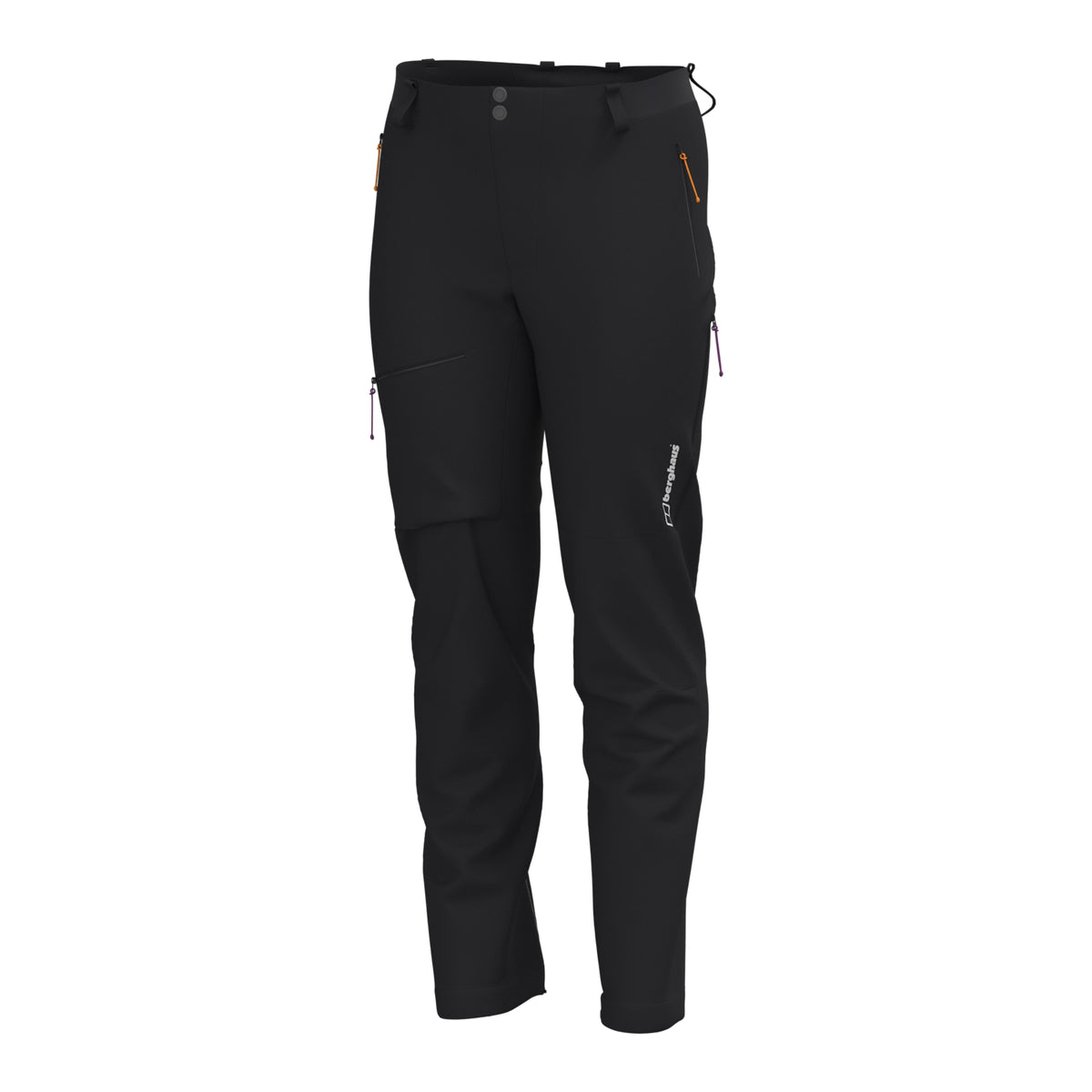 Men's black alpine hiking pants back view with zip leg pocket and belt tabs