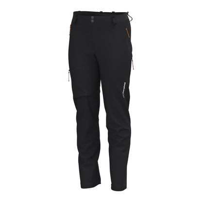 Men's black alpine hiking pants back view with zip leg pocket and belt tabs