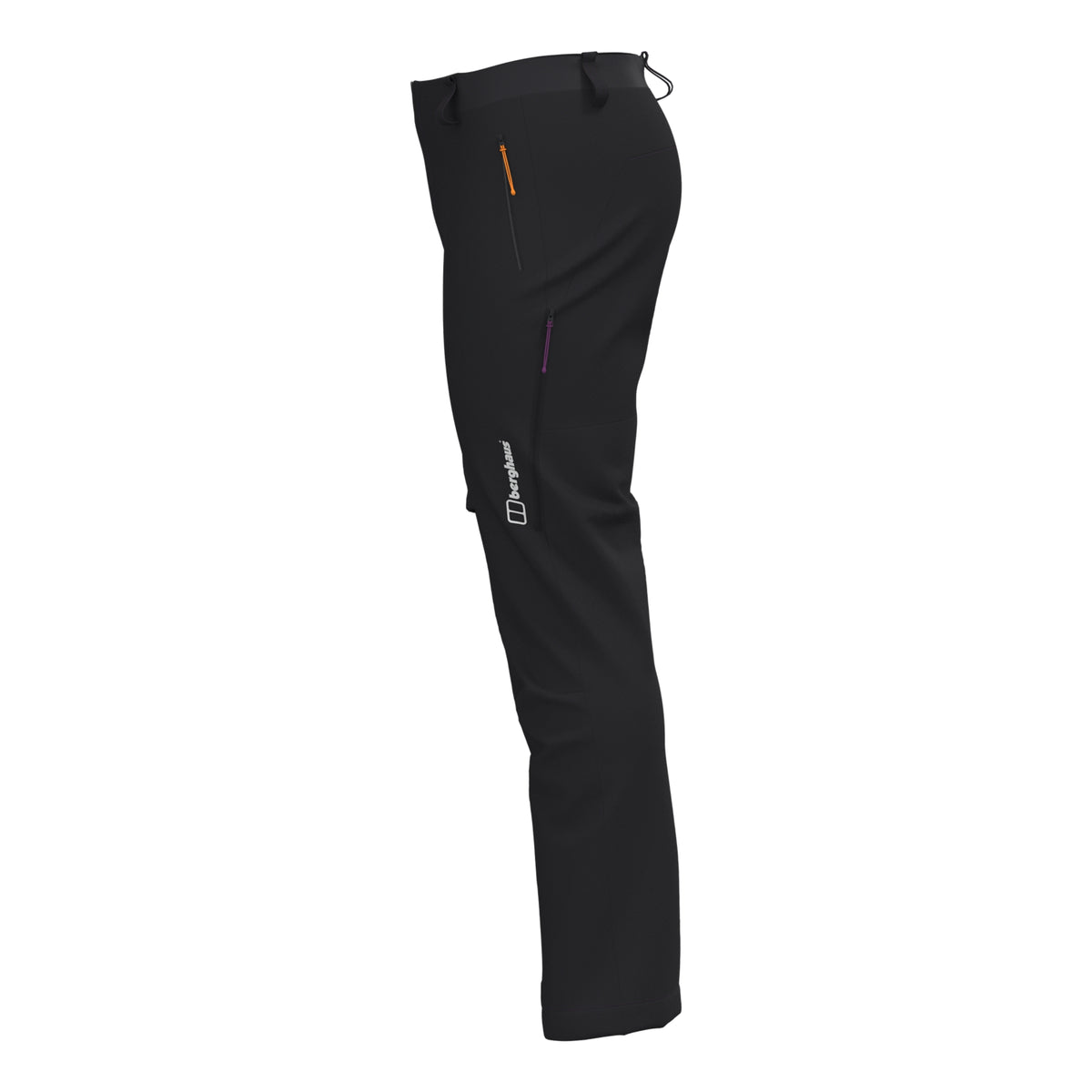 Men's black alpine hiking pants side view with zip pockets and logo on leg