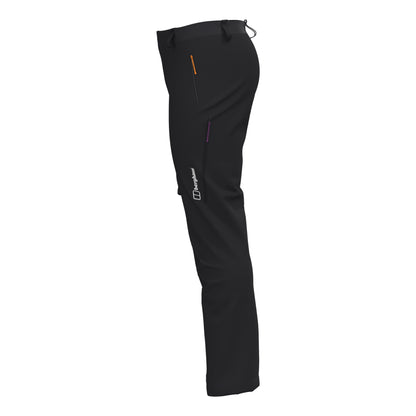 Men's black alpine hiking pants side view with zip pockets and logo on leg