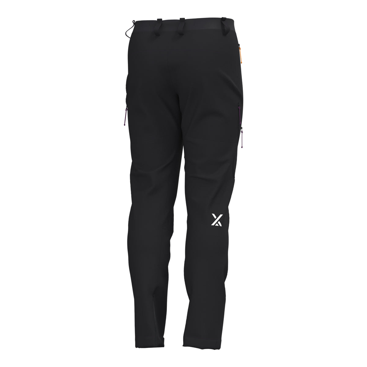 Men's black technical hiking pants, drawcord waist and logo patch on leg