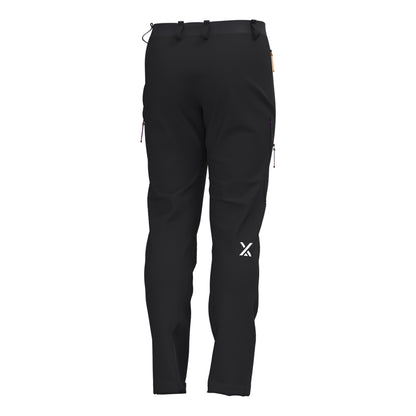 Men's black technical hiking pants, drawcord waist and logo patch on leg