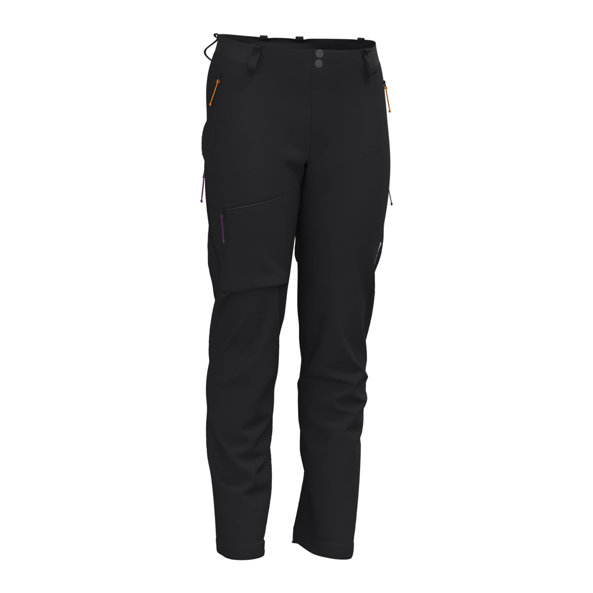 Men's black alpine hiking pants with zip pockets and adjustable waistband tabs