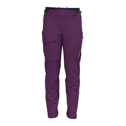 Men's purple alpine hiking pants with zip pockets and adjustable waistband tabs