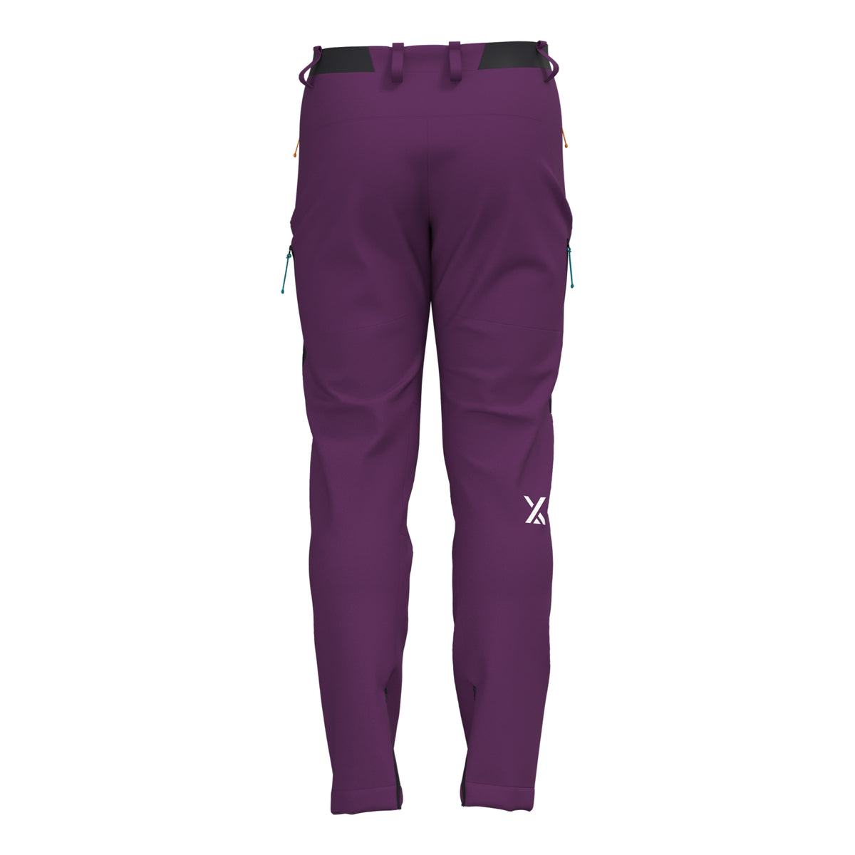 Men's purple alpine hiking pants back view with zip pockets and belt-loop tabs