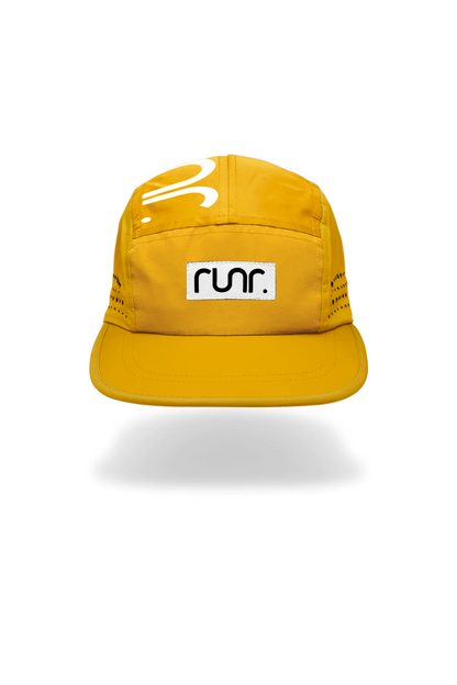Yellow technical running cap flat lay with front logo patch and stitched panels