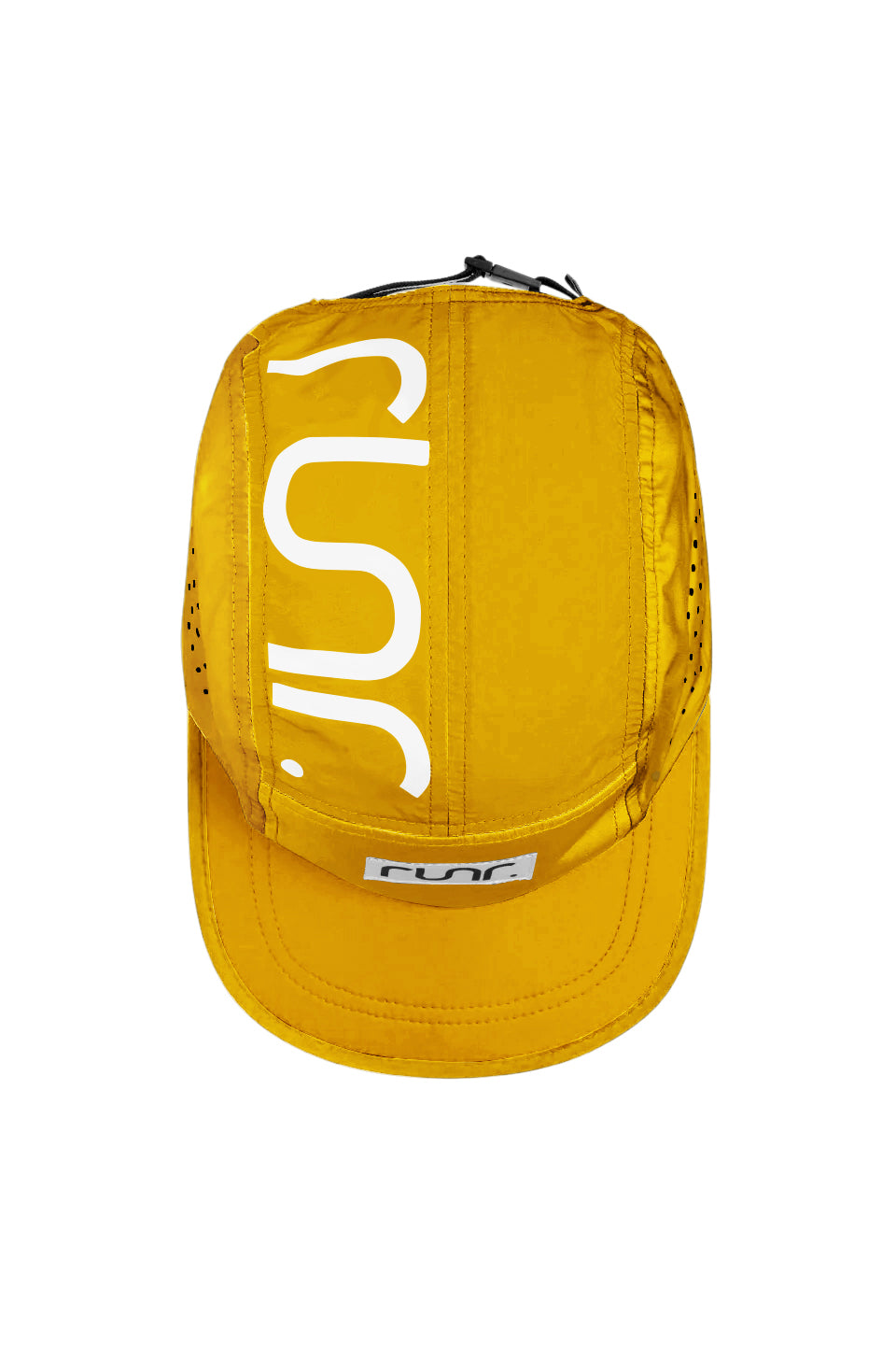 Yellow running cap back view with large white graphic and ventilation eyelets