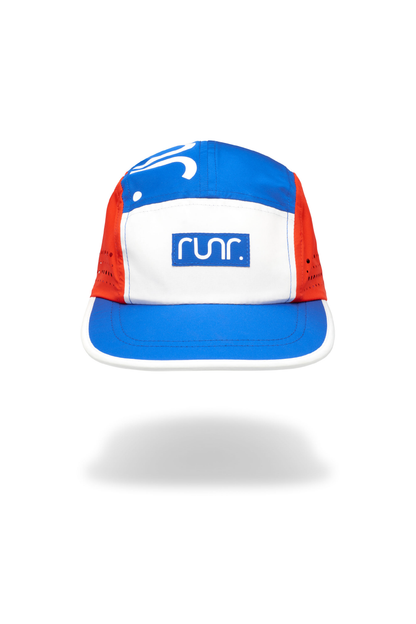 Running cap with blue brim, red back, white front band, and run logo