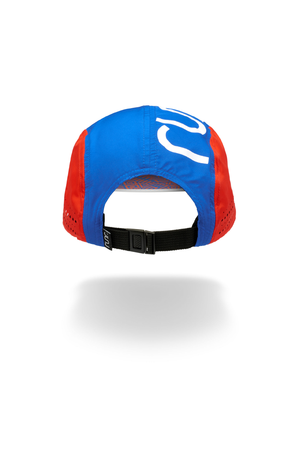 Running hat with blue crown, red sides, and adjustable back strap