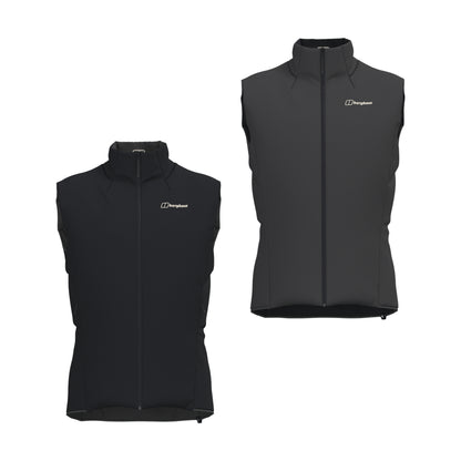Reversible insulated gilet, two sides shown with stand collar and full front zip.