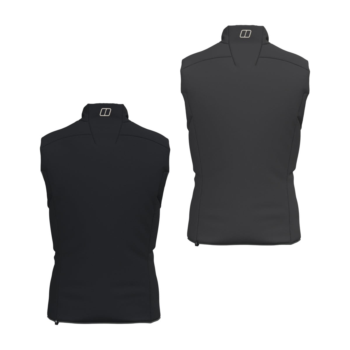 Reversible insulated gilet, two views with stand collar and zipped front.