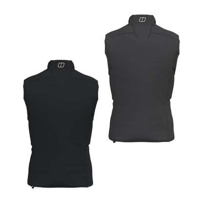 Reversible insulated gilet, two views with stand collar and zipped front.
