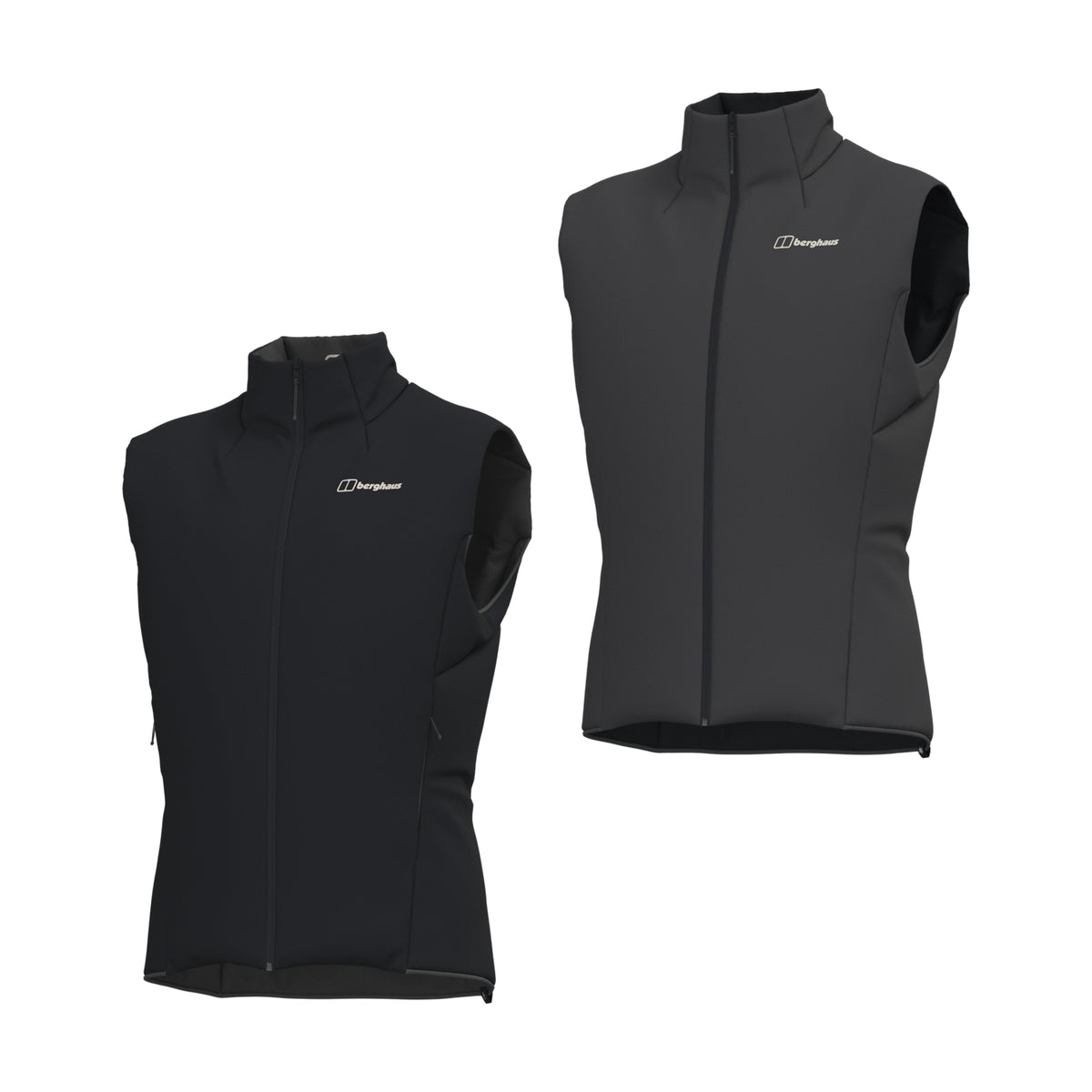 Reversible insulated gilet, two color options shown with stand collar and front zip.