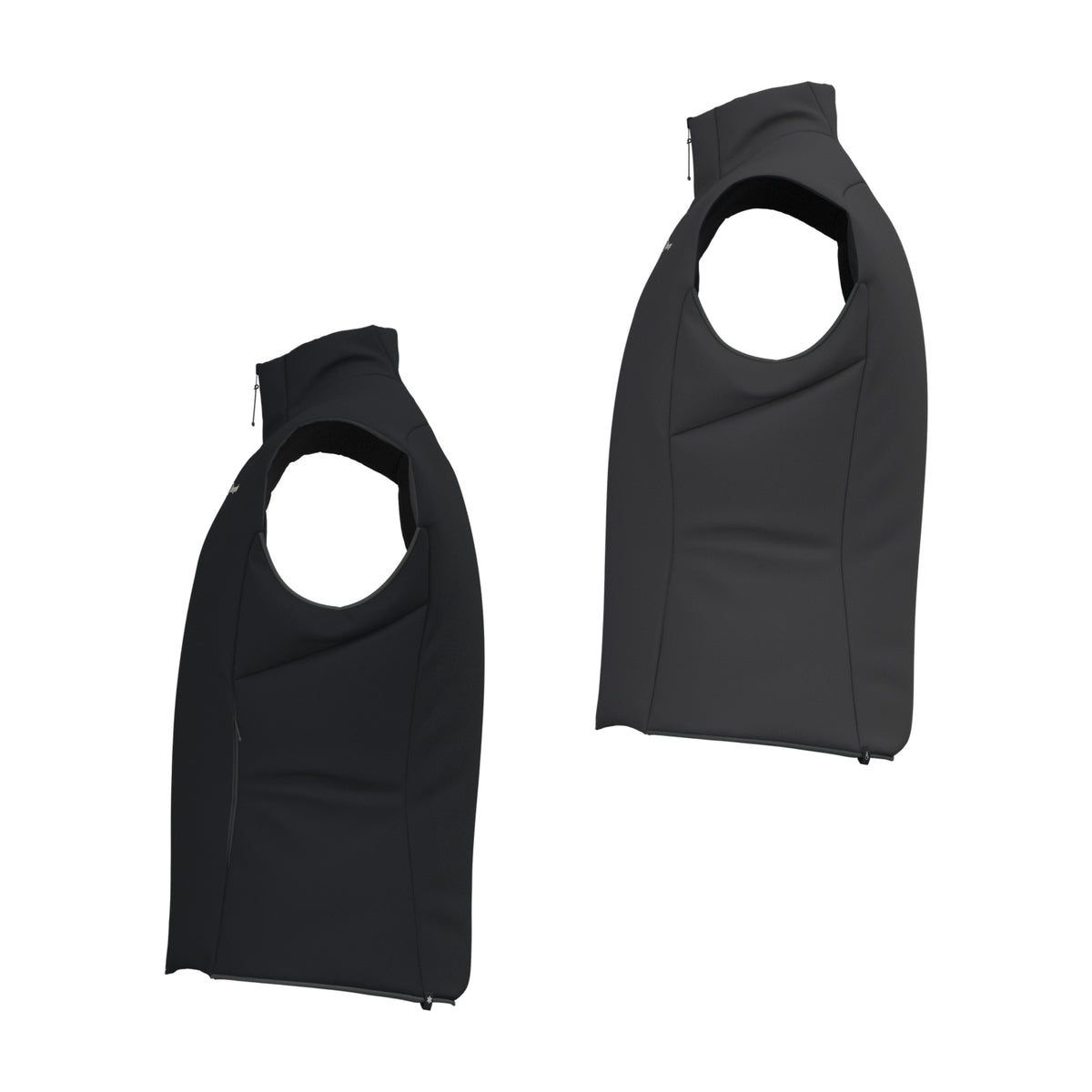 Reversible insulated gilet, two color sides shown, full zip and hoodless stand collar.