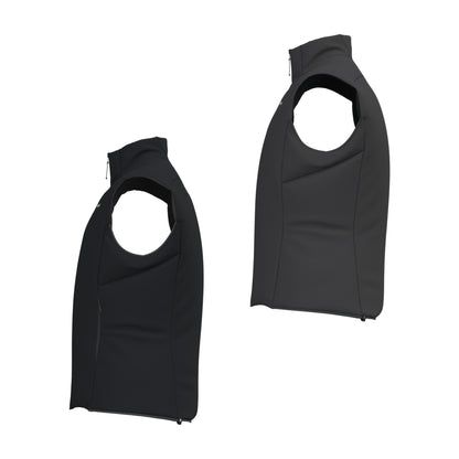 Reversible insulated gilet, two color sides shown, full zip and hoodless stand collar.