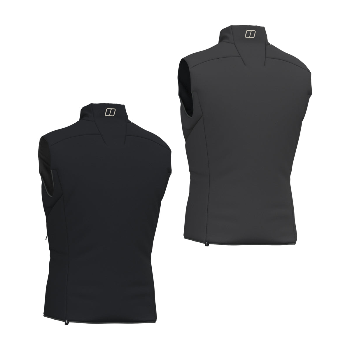 Reversible insulated gilet, sleeveless front view with high collar and full zipper.