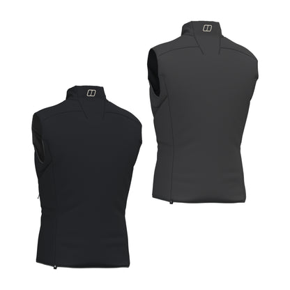 Reversible insulated gilet, sleeveless front view with high collar and full zipper.