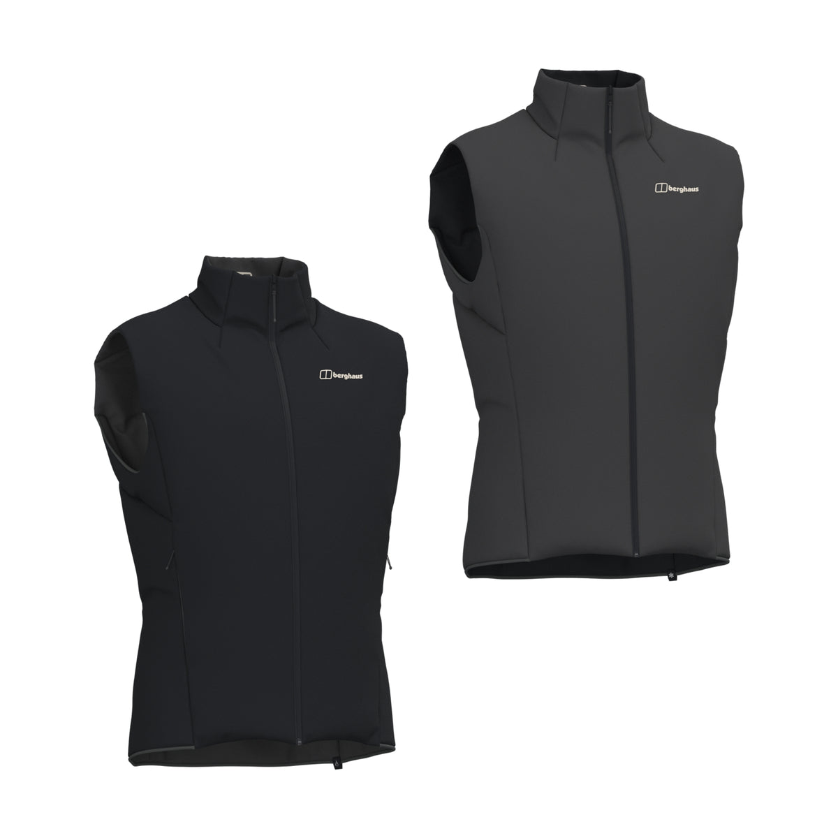 Reversible insulated gilet shown in two colors, stand collar and full-length zip.