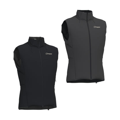 Reversible insulated gilet shown in two colors, stand collar and full-length zip.