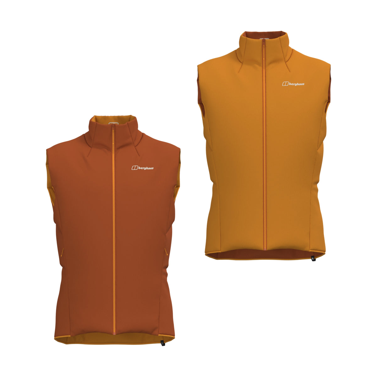 Reversible insulated gilet shown in two colors: brown on left, mustard on right