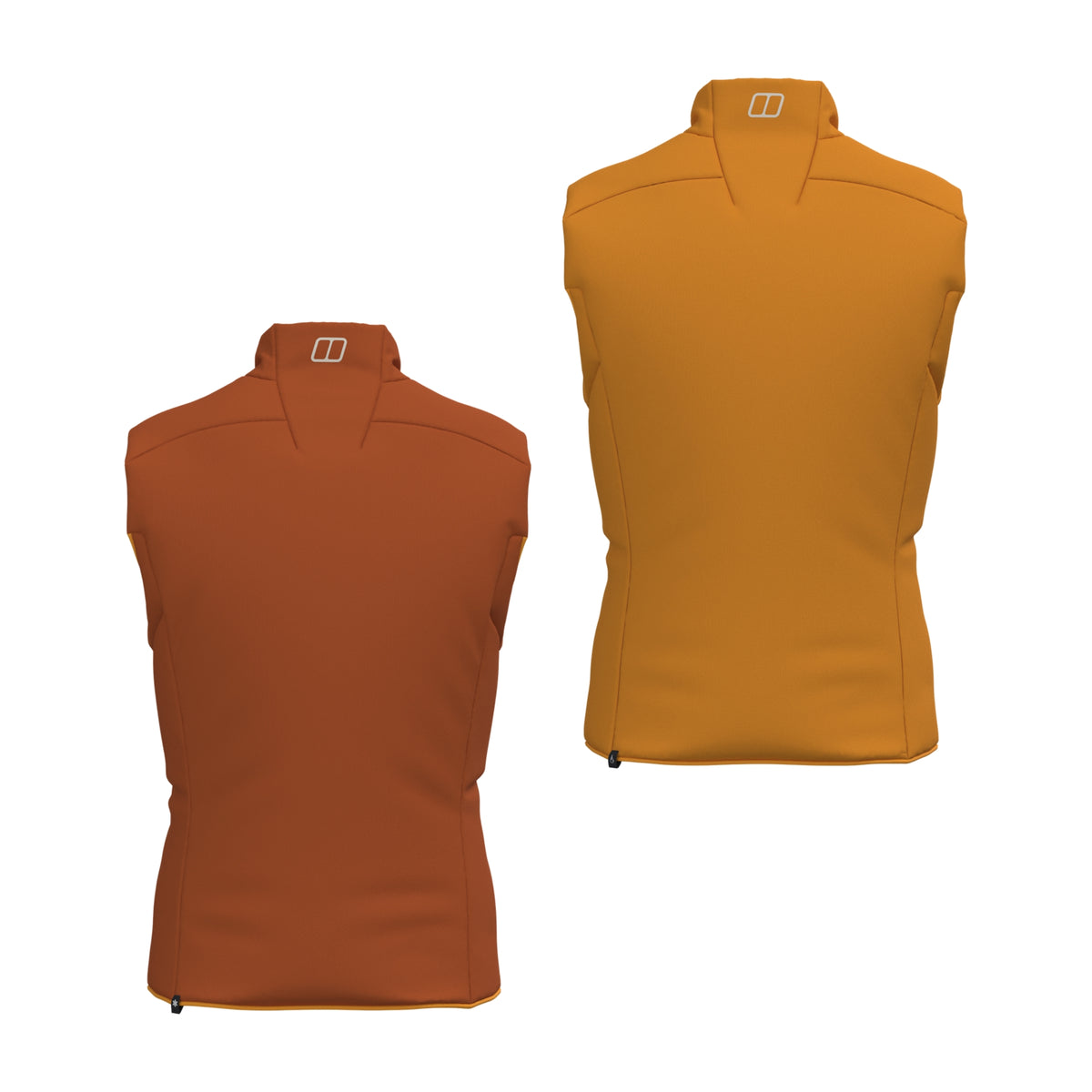 Reversible insulated gilet back view in two colors: dark brown left, mustard right