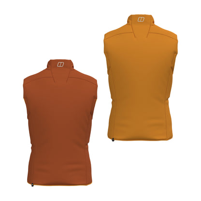 Reversible insulated gilet back view in two colors: dark brown left, mustard right