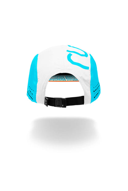 Technical running hat back view with black adjustable strap and white/turquoise panels