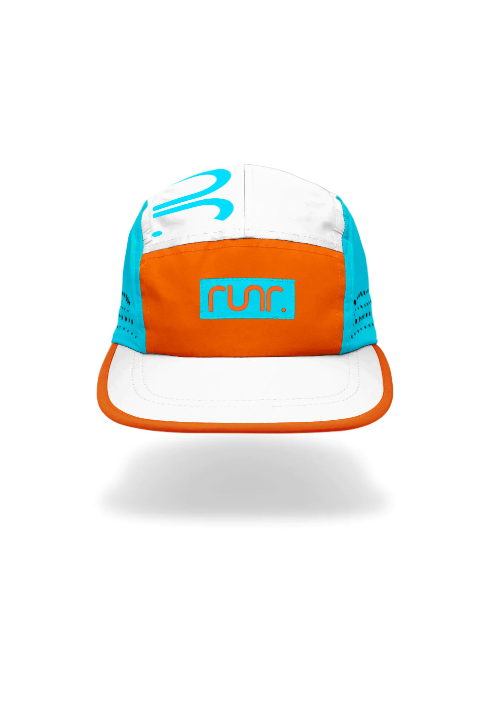 Technical running hat front view in white, orange, and turquoise with Runr logo