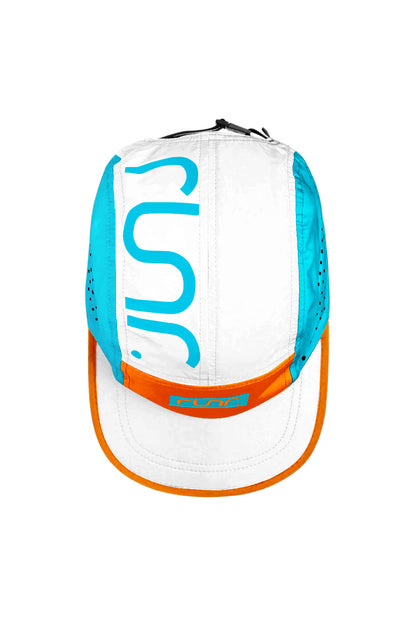 Technical running hat back panel with large white-and-turquoise graphic and orange brim