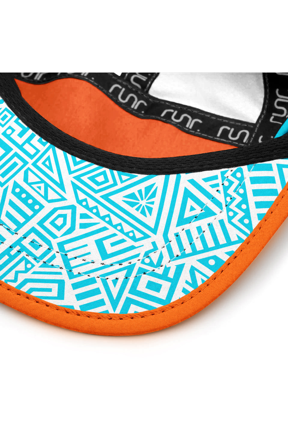 Technical running hat brim with orange underside and turquoise geometric lining detail