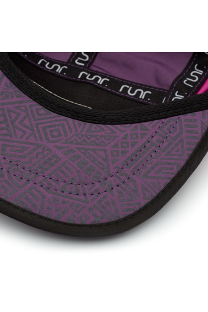 Close-up of purple patterned running hat brim with black trim and repeated logo text