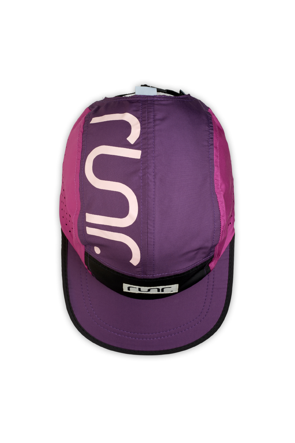 Back view of purple running hat with large white logo and curved brim