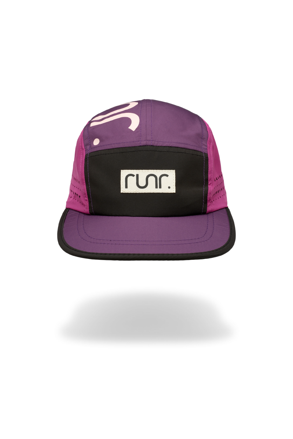 Purple and black technical running hat with white front logo and brand label patch